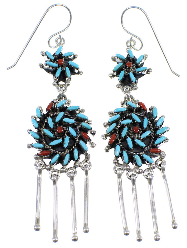 Sterling Silver Turquoise And Coral Needlepoint Hook Dangle Earrings AX51086